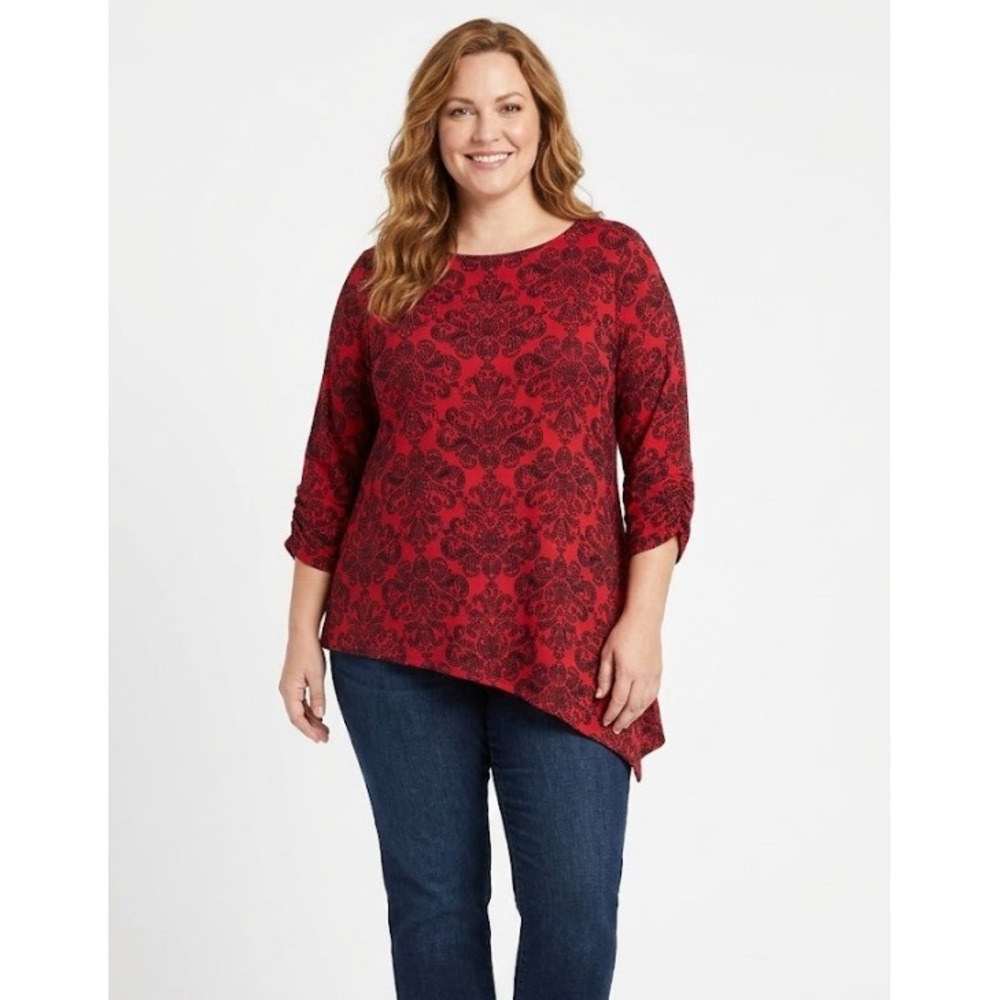 Style & Co Top 2X Red Black Damask Asymmetric‎ Artsy Stretch Knit Blouse